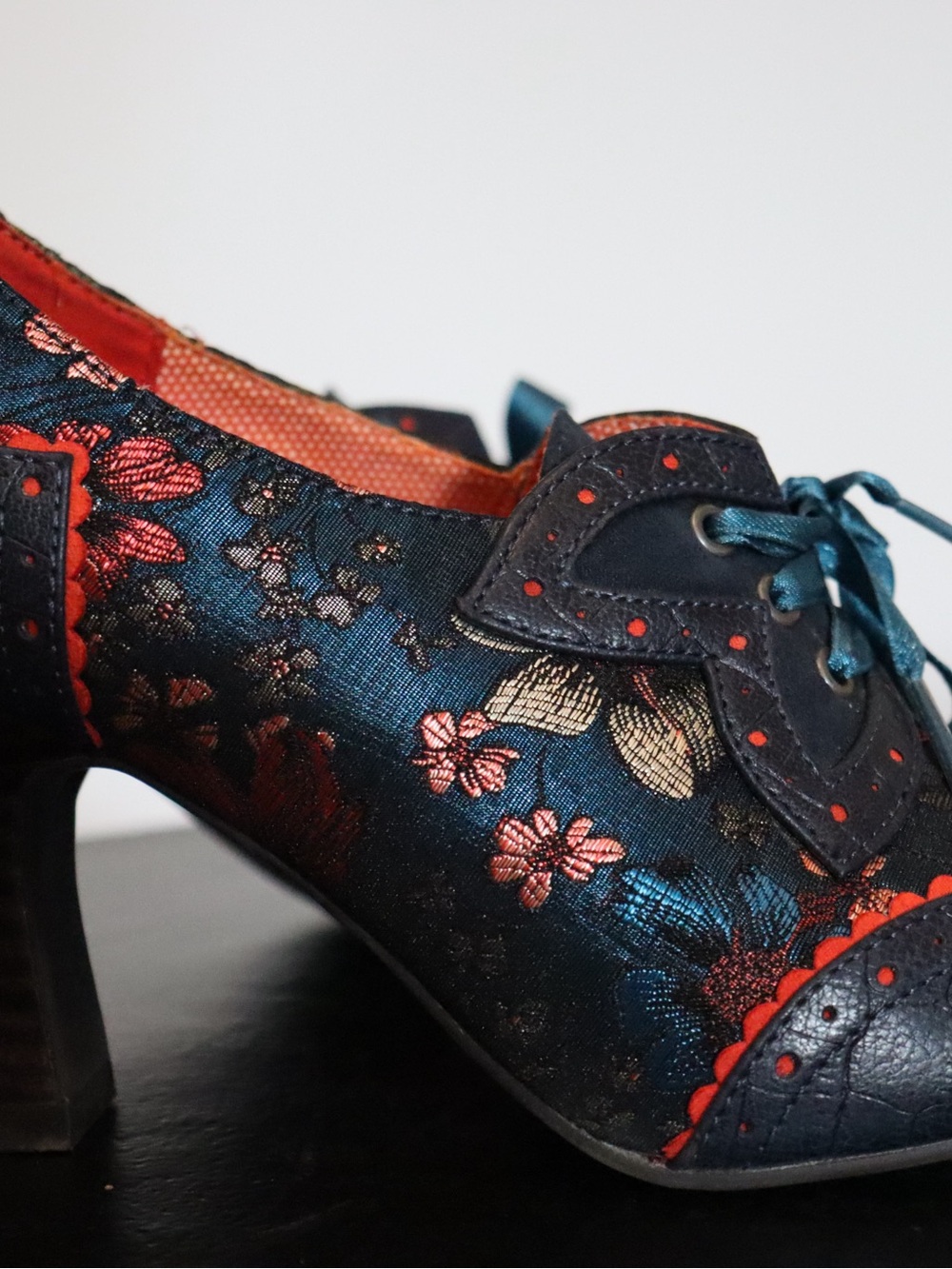 Teal Floral Brocade Lace-Up Heels with Red Accents